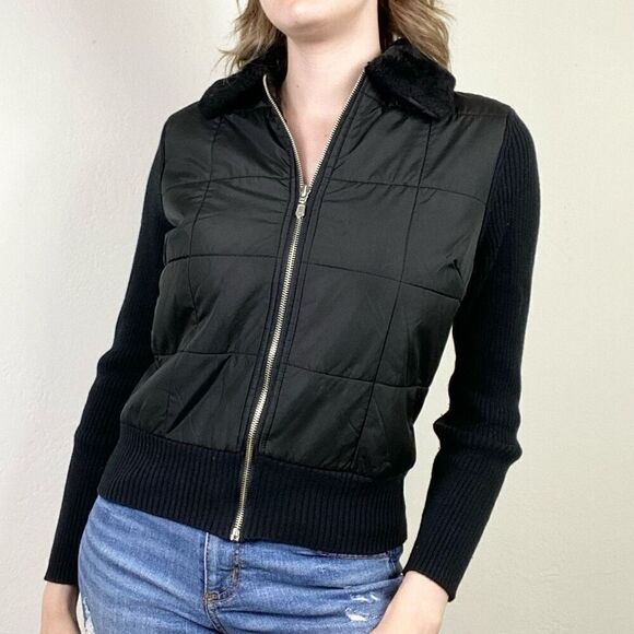 Style & Co Black Ribbed Sleeve Zip Up Puffer Jacket Size M - Picture 1 of 6